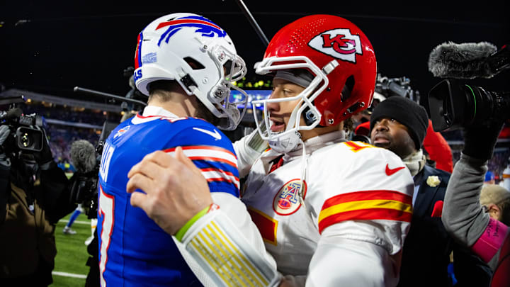 Jan 21, 2024; Orchard Park, New York, USA; Kansas City Chiefs quarterback Patrick Mahomes (15) greets Buffalo Bills quarterback Josh Allen (17) following the 2024 AFC divisional round game at Highmark Stadium. Mandatory Credit: Mark J. Rebilas-Imagn Images