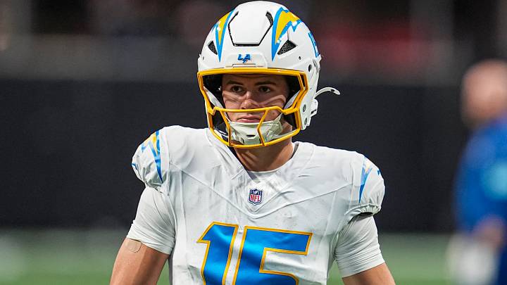 Dec 1, 2024; Atlanta, Georgia, USA; Los Angeles Chargers wide receiver Ladd McConkey (15) shown on the field before the game against the Atlanta Falcons at Mercedes-Benz Stadium. Mandatory Credit: Dale Zanine-Imagn Images Dec 1, 2024; Atlanta, Georgia, USA; Los Angeles Chargers wide receiver Ladd McConkey (15) shown on the field before the game against the Atlanta Falcons at Mercedes-Benz Stadium. Mandatory Credit: Dale Zanine-Imagn Images