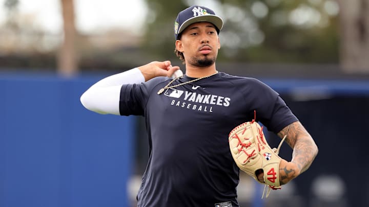 Feb 12, 2026; Tampa, FL, USA;  New York Yankees pitcher Yovanny Cruz (96) works out during spring training workouts at George M. Steinbrenner Field. Mandatory Credit: Kim Klement Neitzel-Imagn Images