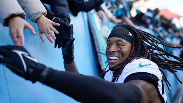 Jacksonville Jaguars safety Antonio Johnson (26) celebrates the victory over the Tennessee Titans after the game at Nissan Stadium in Nashville, Tenn., Sunday, Nov. 30, 2025.