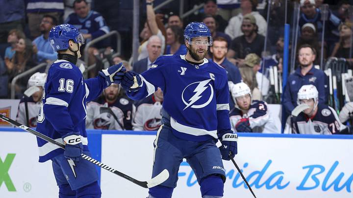 Mar 10, 2026; Tampa, Florida, USA; Tampa Bay Lightning defenseman Victor Hedman (77) and defenseman Steve Santini (16) react to an assist on a goal against the Columbus Blue Jackets in the first period at Benchmark International Arena. Mandatory Credit: Nathan Ray Seebeck-Imagn Images Mar 10, 2026; Tampa, Florida, USA; Tampa Bay Lightning defenseman Victor Hedman (77) and defenseman Steve Santini (16) react to an assist on a goal against the Columbus Blue Jackets in the first period at Benchmark International Arena. Mandatory Credit: Nathan Ray Seebeck-Imagn Images