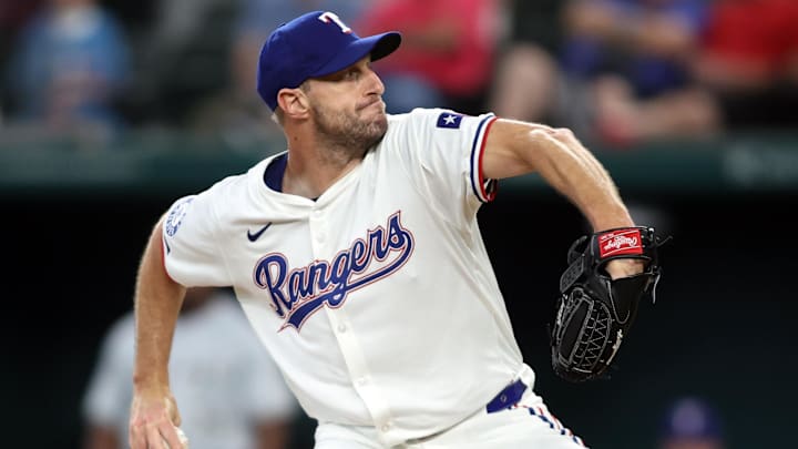 Jul 25, 2024; Arlington, Texas, USA; Texas Rangers pitcher Max Scherzer (31) strikes out Chicago White Sox designated hitter Eloy Jimenez (not pictured) to become 10th on the all-time strike out list in the second inning at Globe Life Field. Mandatory Credit: Tim Heitman-Imagn Images