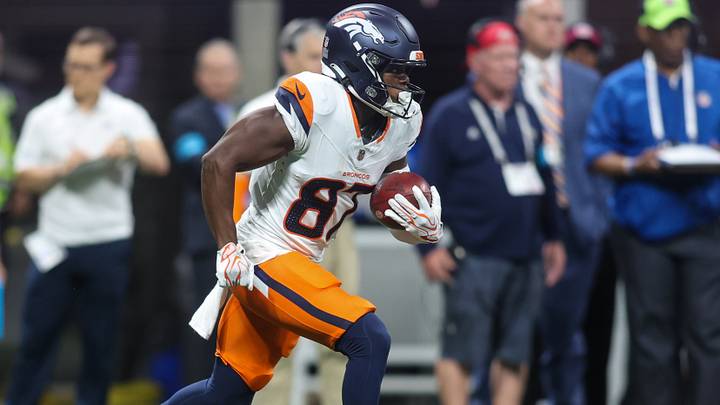 Aug 14, 2026; Atlanta, Georgia, USA; Denver Broncos wide receiver Cameron Ross (87) returns a kick against the Atlanta Falcons in the first quarter at Mercedes-Benz Stadium. Aug 14, 2026; Atlanta, Georgia, USA; Denver Broncos wide receiver Cameron Ross (87) returns a kick against the Atlanta Falcons in the first quarter at Mercedes-Benz Stadium.