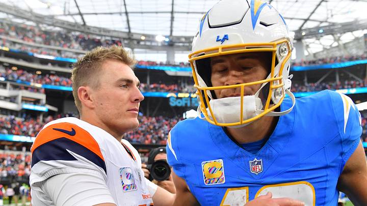 Oct 11, 2026; Inglewood, California, USA;  Denver Broncos quarterback Bo Nix (10) greets Los Angeles Chargers quarterback Justin Herbert (10) after the game at SoFi Stadium.  Mandatory Credit: Gary A. Vasquez-Imagn Images