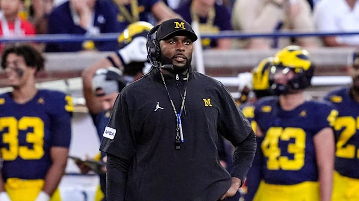 Michigan head coach Sherrone Moore looks up during the first half against Fresno State at Michigan Stadium at Michigan Stadium in Ann Arbor on Saturday, Aug. 31, 2024.