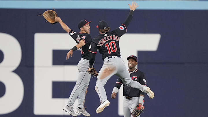 May 4, 2025; Toronto, Ontario, CAN; Cleveland Guardians left fielder Steven Kwan (38) and right fielder Daniel Schneemann (10) celebrate a win over the Toronto Blue Jays at Rogers Centre. Mandatory Credit: John E. Sokolowski-Imagn Images May 4, 2025; Toronto, Ontario, CAN; Cleveland Guardians left fielder Steven Kwan (38) and right fielder Daniel Schneemann (10) celebrate a win over the Toronto Blue Jays at Rogers Centre. Mandatory Credit: John E. Sokolowski-Imagn Images