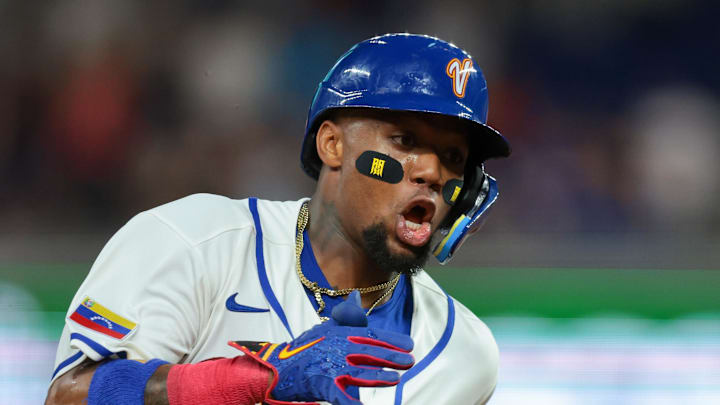 Mar 7, 2026; Miami, FL, United States; Venezuela right fielder Ronald Acuna Jr. (21) rounds third base against Israel during the first inning at loanDepot Park. Mandatory Credit: Sam Navarro-Imagn Images