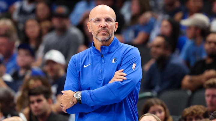 Oct 10, 2024; Dallas, Texas, USA;  Dallas Mavericks head coach Jason Kidd reacts during the second half against the Utah Jazz at American Airlines Center. Mandatory Credit: Kevin Jairaj-Imagn Images