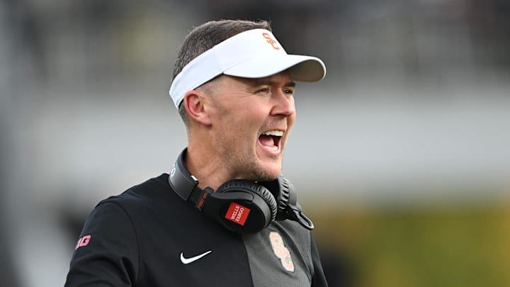 Sep 13, 2025; West Lafayette, Indiana, USA; Southern California Trojans head coach Lincoln Riley reacts during the first quarter against the Purdue Boilermakers at Ross-Ade Stadium. Mandatory Credit: Marc Lebryk-Imagn Images