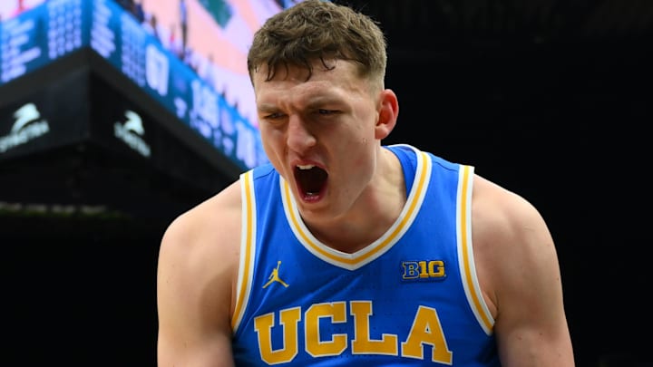 Dec 13, 2025; Seattle, Washington, USA; UCLA Bruins forward Tyler Bilodeau (34) reacts to making a basket against the Gonzaga Bulldogs during the second half at Climate Pledge Arena. Mandatory Credit: Steven Bisig-Imagn Images