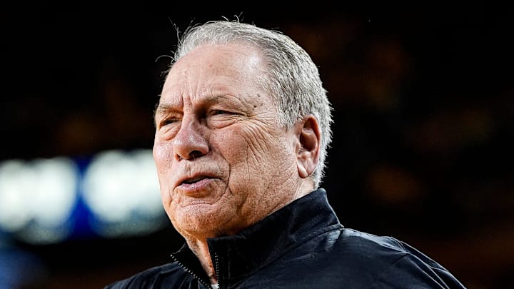 Michigan State head coach Tom Izzo reacts to a play against Michigan during the first half at Crisler Center in Ann Arbor on Sunday, March 8, 2026.