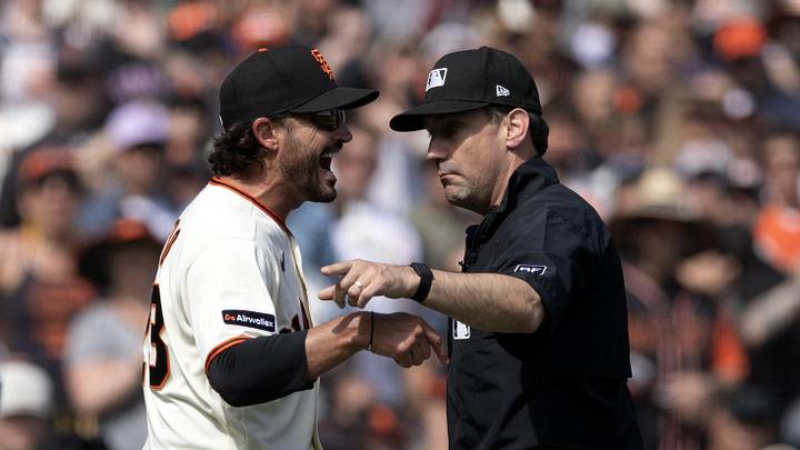 Apr 5, 2026; San Francisco, California, USA; San Francisco Giants manager Tony Vitello (23) argues with umpire Dave Rackley after designated hitter Jerar Encarnacion (19) was called out for running to first out of the base path during the seventh inning against the New York Mets at Oracle Park. Mandatory Credit: D. Ross Cameron-Imagn Images