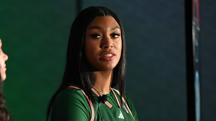 Oct 7, 2025; Charlotte, NC, USA; Miami player Ra Shaya Kyle answers questions from the media at The Hilton Charlotte Uptown. Mandatory Credit: William Howard-Imagn Images