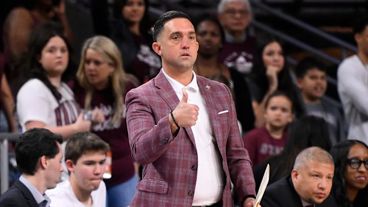 Mississippi State Bulldogs coach Sam Purcell on the sideline during the second quarter of an NCAA Tournament game against the California Golden Bearst at Galen Center.