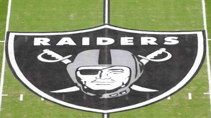 Jan 4, 2026; Paradise, Nevada, USA; The Las Vegas Raiders shield logo at midfield at Allegiant Stadium. Mandatory Credit: Kirby Lee-Imagn Images