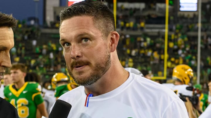 Aug 31, 2024; Eugene, Oregon, USA; Oregon Ducks head coach Dan Lanning in post game interview after the game against the Idaho Vandals at Autzen Stadium. Mandatory Credit: Craig Strobeck-Imagn Images Aug 31, 2024; Eugene, Oregon, USA; Oregon Ducks head coach Dan Lanning in post game interview after the game against the Idaho Vandals at Autzen Stadium. Mandatory Credit: Craig Strobeck-Imagn Images