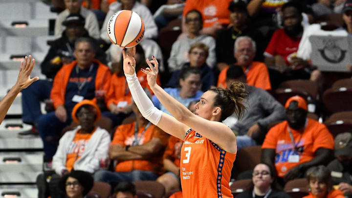 Connecticut Sun guard Marina Mabrey (3) takes a jump shot during a WNBA game against the Atlanta Dream.