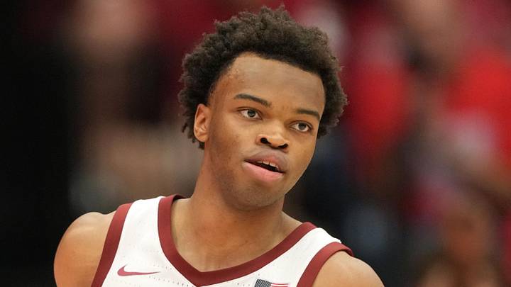 Feb 28, 2026; Stanford, California, USA; Stanford Cardinal guard Ebuka Okorie (1) during the second half against the Southern Methodist University Mustangs at Maples Pavilion. Mandatory Credit: Darren Yamashita-Imagn Images