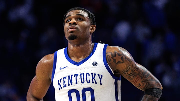 Feb 17, 2026; Lexington, Kentucky, USA; Kentucky Wildcats guard Otega Oweh (00) looks on during the second half against the Georgia Bulldogs at Rupp Arena at Central Bank Center. Mandatory Credit: Jordan Prather-Imagn Images