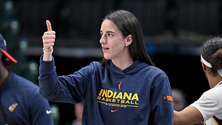 Aug 1, 2025; Dallas, Texas, USA; Indiana Fever guard Caitlin Clark (22) during the game between the Dallas Wings and the Indiana Fever at the American Airlines Center. Mandatory Credit: Jerome Miron-Imagn Images