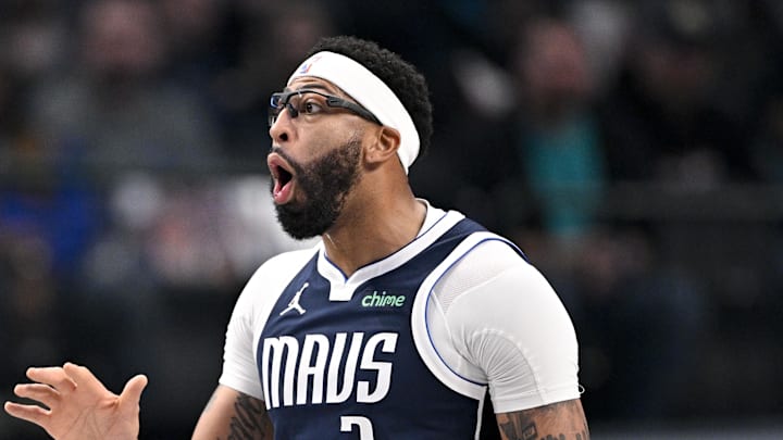 Dallas Mavericks forward Anthony Davis (3) reacts to a foul call during the first quarter against the Brooklyn Nets at the American Airlines Center.