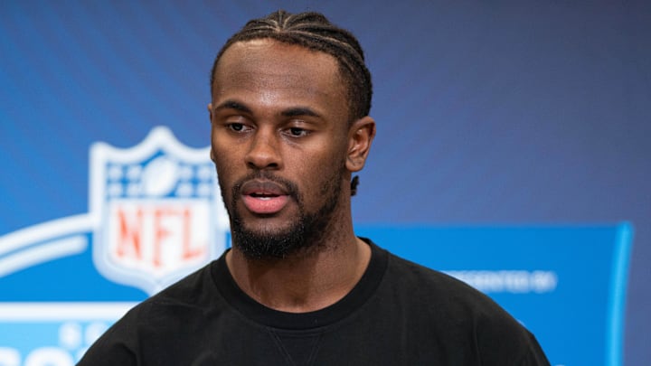 Feb 27, 2026; Indianapolis, IN, USA; Notre Dame wideout Malachi Fields (WO20) speaks to members of the media during the NFL Combine at the Indiana Convention Center. Mandatory Credit: Jacob Musselman-Imagn Images