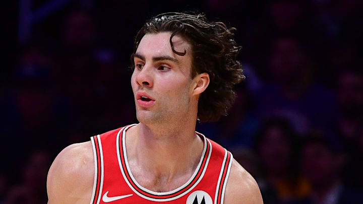 Mar 12, 2026; Los Angeles, California, USA; Chicago Bulls guard Josh Giddey (3) controls the ball against Los Angeles Lakers forward Rui Hachimura (28) during the second half at Crypto.com Arena. Mandatory Credit: Gary A. Vasquez-Imagn Images