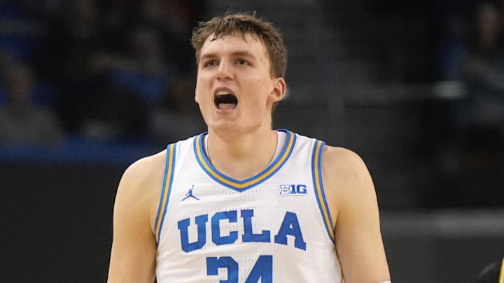 Jan 7, 2025; Los Angeles, California, USA; UCLA Bruins forward Tyler Bilodeau (34) reacts against the Michigan Wolverines in the second half at Pauley Pavilion presented by Wescom. Mandatory Credit: Kirby Lee-Imagn Images Jan 7, 2025; Los Angeles, California, USA; UCLA Bruins forward Tyler Bilodeau (34) reacts against the Michigan Wolverines in the second half at Pauley Pavilion presented by Wescom. Mandatory Credit: Kirby Lee-Imagn Images