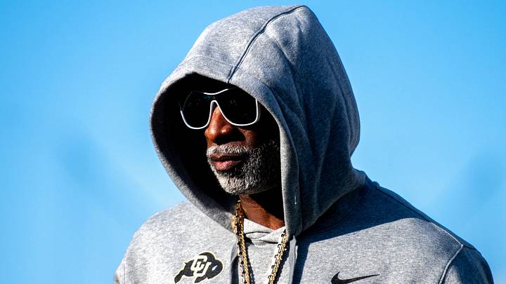CU football head coach Deion Sanders, or Coach Prime, watches his team warm up before the game against CSU in the Rocky Mountain Showdown at Canvas Stadium on Saturday, Sept. 14, 2024, in Fort Collins, Colo.