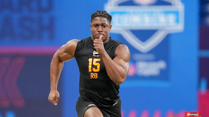 Feb 28, 2026; Indianapolis, IN, USA; Notre Dame running back Jadarian Price (RB15) during the NFL Scouting Combine at Lucas Oil Stadium. Mandatory Credit: Kirby Lee-Imagn Images