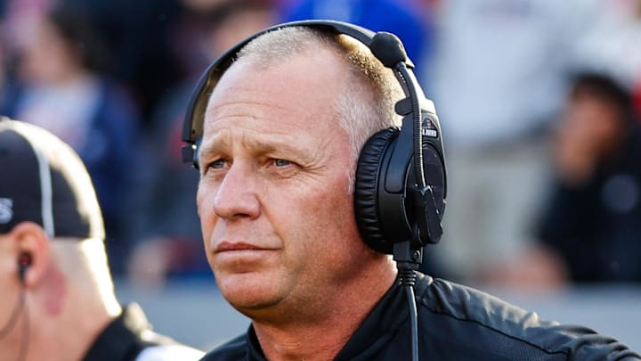 Nov 9, 2024; Raleigh, North Carolina, USA; North Carolina State Wolfpack head coach Dave Doeren looks on prior to the first half of the game against Duke Blue Devils at Carter-Finley Stadium. Mandatory Credit: Jaylynn Nash-Imagn Images
