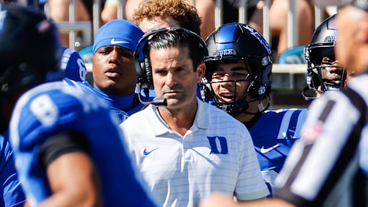 Oct 18, 2025; Durham, North Carolina, USA;  Duke Blue Devils head coach Manny Diaz looks on during the first half of the game against Georgia Tech Yellow Jackets at Wallace Wade Stadium. Mandatory Credit: Jaylynn Nash-Imagn Images