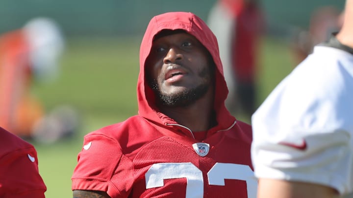 Jun 11, 2025; Tampa, FL, USA; Tampa Bay Buccaneers linebacker SirVocea Dennis (8) and safety Tykee Smith (23) work out at One Buc Place. Mandatory Credit: Kim Klement Neitzel-Imagn Images
