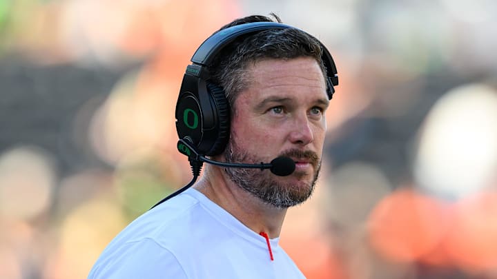 Sep 14, 2024; Corvallis, Oregon, USA; Oregon Ducks head coach Dan Lanning looks toward the scoreboard during the second half against the Oregon State Beavers at Reser Stadium. Mandatory Credit: Craig Strobeck-Imagn Images
