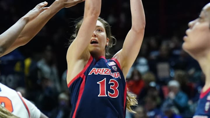 Mar 23, 2024; Storrs, Connecticut, USA; Arizona Wildcats guard Helena Pueyo (13) shoots against the Syracuse Orange in the first half at Harry A. Gampel Pavilion. Mandatory Credit: David Butler II-Imagn Images