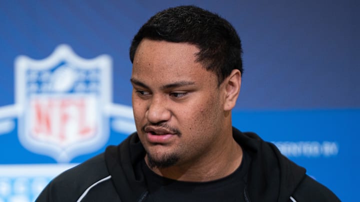 Miami offensive lineman Francis Mauigoa speaks to members of the media during the 2026 NFL Combine