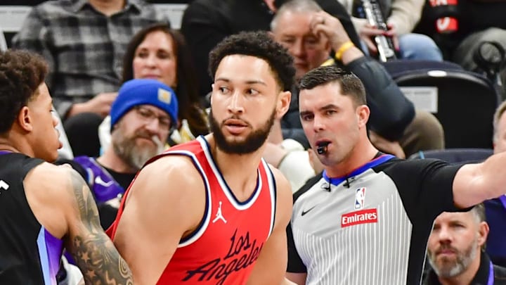 Feb 13, 2025; Salt Lake City, Utah, USA; Utah Jazz guard Keyonte George (3) defends LA Clippers guard/forward Ben Simmons (25) during the first half at the Delta Center. Mandatory Credit: Christopher Creveling-Imagn Images