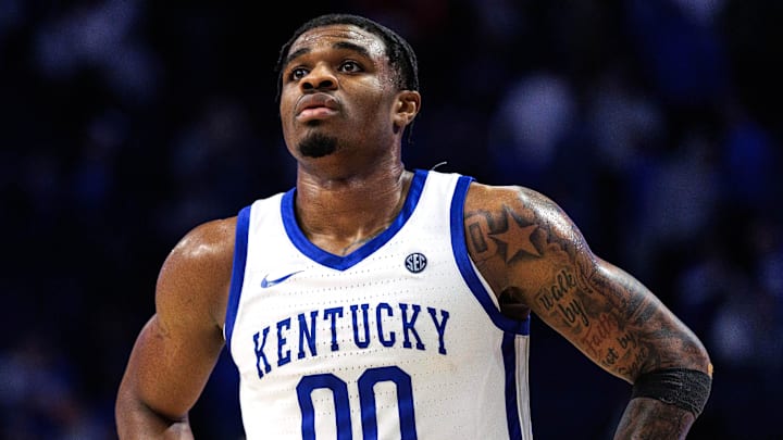 Feb 17, 2026; Lexington, Kentucky, USA; Kentucky Wildcats guard Otega Oweh (00) looks on during the second half against the Georgia Bulldogs at Rupp Arena at Central Bank Center. Mandatory Credit: Jordan Prather-Imagn Images Feb 17, 2026; Lexington, Kentucky, USA; Kentucky Wildcats guard Otega Oweh (00) looks on during the second half against the Georgia Bulldogs at Rupp Arena at Central Bank Center. Mandatory Credit: Jordan Prather-Imagn Images