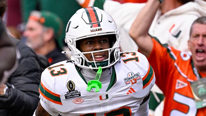 Dec 20, 2025; College Station, TX, USA; Miami Hurricanes defensive back Bryce Fitzgerald (13) celebrates during the game between the Aggies and the Hurricanes at Kyle Field. Mandatory Credit: Jerome Miron-Imagn Images