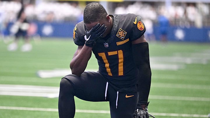 Oct 2, 2022; Arlington, Texas, USA; Washington Commanders wide receiver Terry McLaurin (17) before the game between the Dallas Cowboys and the Washington Commanders AT&T Stadium. Mandatory Credit: Jerome Miron-Imagn Images