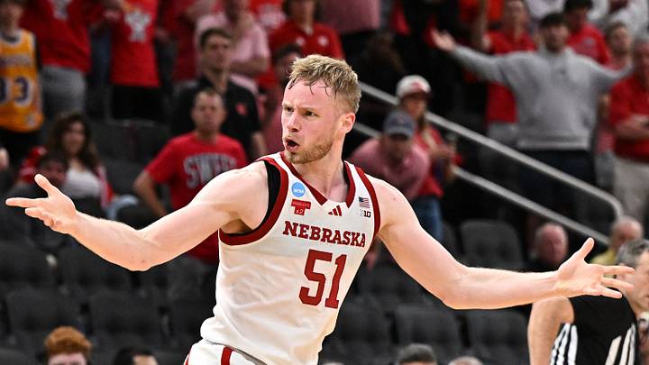 Mar 26, 2026; Houston, TX, USA; Nebraska Cornhuskers forward Rienk Mast (51) reacts in the first half during a Sweet Sixteen game of the South Regional of the men's 2026 NCAA Tournament at Toyota Center. Mandatory Credit: Maria Lysaker-Imagn Images Mar 26, 2026; Houston, TX, USA; Nebraska Cornhuskers forward Rienk Mast (51) reacts in the first half during a Sweet Sixteen game of the South Regional of the men's 2026 NCAA Tournament at Toyota Center. Mandatory Credit: Maria Lysaker-Imagn Images