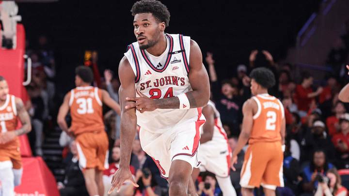 Oct 25, 2026; New York, NY, USA;  St. John's Red Storm guard Tounde Yessoufou (24) gestures after making a three point shot in the first half against the Texas Longhorns at Madison Square Garden. Mandatory Credit: Wendell Cruz-Imagn Images