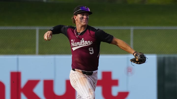 Texas A&M infielder Boston Kellner (9) throws out a Mountain View runner at first base during the second round of the 6A state baseball tournament on May 6, 2025, in Tempe. Texas A&M infielder Boston Kellner (9) throws out a Mountain View runner at first base during the second round of the 6A state baseball tournament on May 6, 2025, in Tempe.