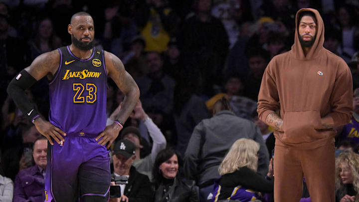Jan 2, 2025; Los Angeles, California, USA; Los Angeles Lakers forward LeBron James (23), forward Anthony Davis (3) and forward Jarred Vanderbilt (2) look on in the fourth quarter against the Portland Trail Blazers at Crypto.com Arena. Mandatory Credit: Jayne Kamin-Oncea-Imagn Images Jan 2, 2025; Los Angeles, California, USA; Los Angeles Lakers forward LeBron James (23), forward Anthony Davis (3) and forward Jarred Vanderbilt (2) look on in the fourth quarter against the Portland Trail Blazers at Crypto.com Arena. Mandatory Credit: Jayne Kamin-Oncea-Imagn Images