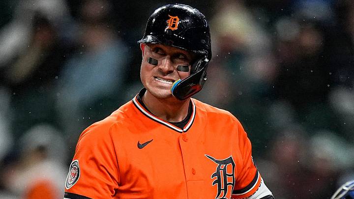 Detroit Tigers first baseman Spencer Torkelson (20) reacts after a fly out against Texas Rangers during the eighth inning at Comerica Park in Detroit on Friday, May 1, 2026.