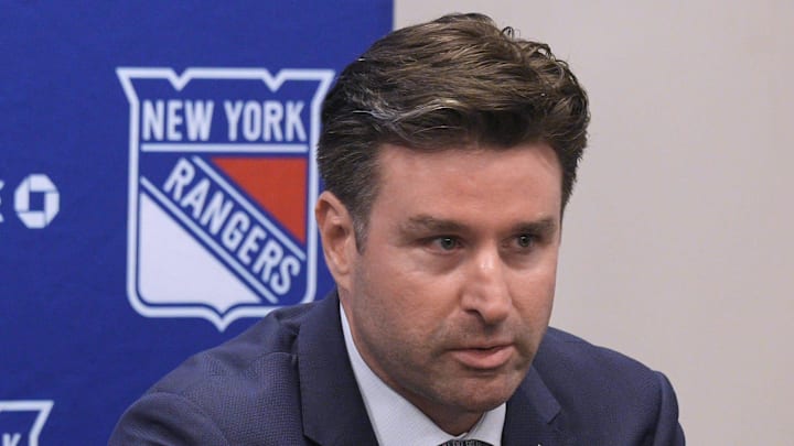 NY Rangers president and general manager Chris Drury speaks during a press conference to introduce new head coach Mike Sullivan at the MSG Training Center in Tarrytown, New York May 8, 2025.