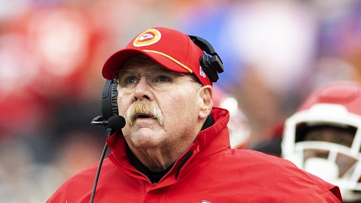 Dec 15, 2024; Cleveland, Ohio, USA; Kansas City Chiefs head coach Andy Reid watches the video board for a replay against the Cleveland Browns during the third quarter at Huntington Bank Field. Mandatory Credit: Scott Galvin-Imagn Images Dec 15, 2024; Cleveland, Ohio, USA; Kansas City Chiefs head coach Andy Reid watches the video board for a replay against the Cleveland Browns during the third quarter at Huntington Bank Field. Mandatory Credit: Scott Galvin-Imagn Images
