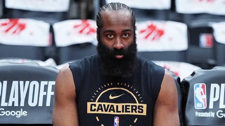 May 1, 2026; Toronto, Ontario, CAN; Cleveland Cavaliers guard James Harden (1) sits court side during the warmup before game six of the first round of the 2026 NBA Playoffs against the Toronto Raptors at Scotiabank Arena. Mandatory Credit: Nick Turchiaro-Imagn Images May 1, 2026; Toronto, Ontario, CAN; Cleveland Cavaliers guard James Harden (1) sits court side during the warmup before game six of the first round of the 2026 NBA Playoffs against the Toronto Raptors at Scotiabank Arena. Mandatory Credit: Nick Turchiaro-Imagn Images