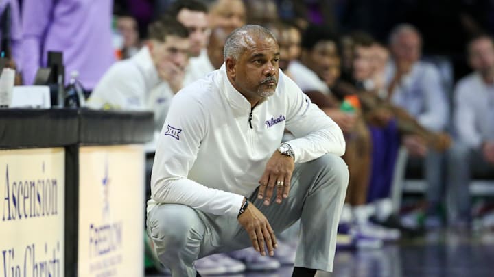 Feb 8, 2025; Manhattan, Kansas, USA; Kansas State Wildcats head coach Jerome Tang looks on during the second half against the Kansas Jayhawks at Bramlage Coliseum. Mandatory Credit: Scott Sewell-Imagn Images