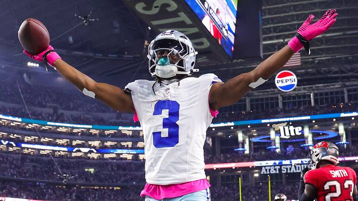 Dallas Cowboys wide receiver George Pickens reacts after scoring a touchdown against the Tampa Bay Buccaneers.
